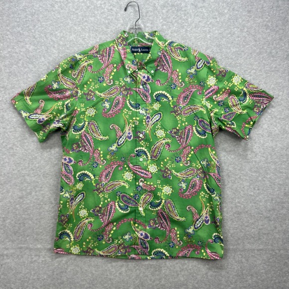 Vintage Ralph Lauren Shirt Mens XL Green Pink Paisley Short Sleeve‎ Hippie Y2K